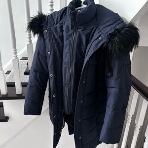 London Fog Dark Blue Puffer Jacket with Black Faux Fur